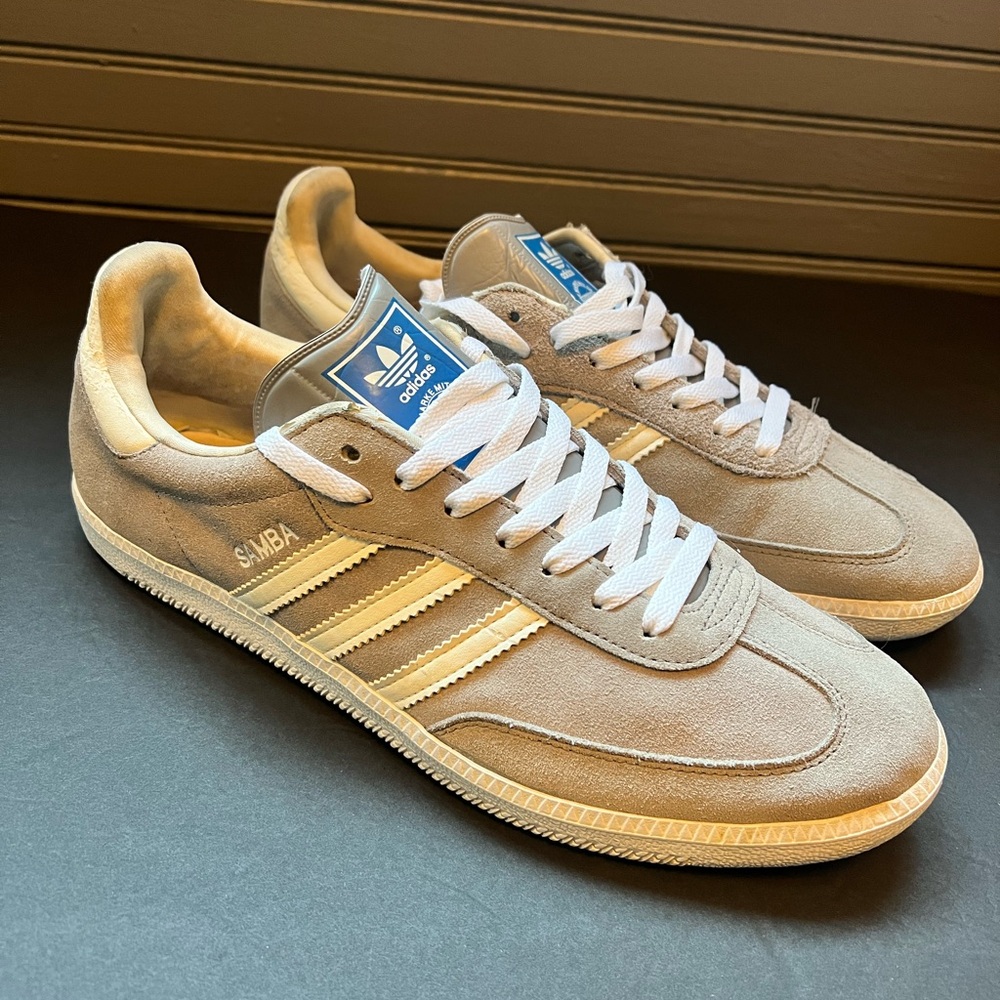 adidas Samba Suede Sneakers in Grey and White with Blue Tongue Tab